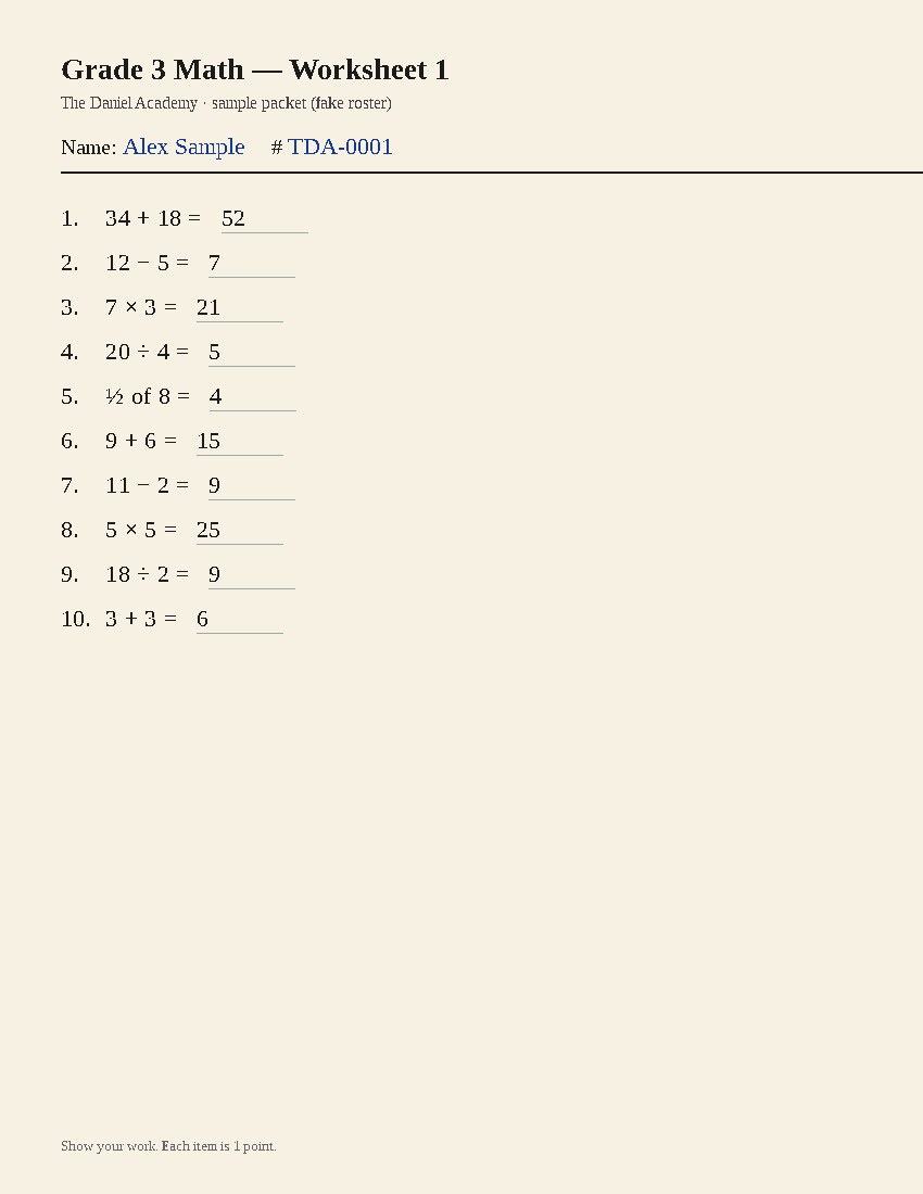 A photographed arithmetic worksheet with ten handwritten answers